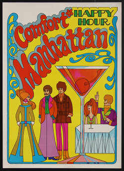 a poster with cartoon drawings of 60s era people at a bar with a giant cocktail 