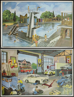 a collage of images of a pool and a car