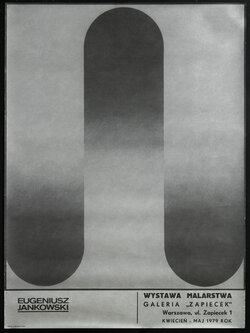 art exhibition poster with three shadowy black curved shapes on a silver background. One is inverted.
