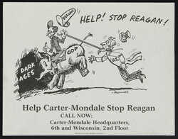 political cartoon with Ronald Reagan on a horse dragging Uncle Sam by rope around his neck. 