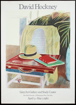 poster of a drawing of chair with books and hat