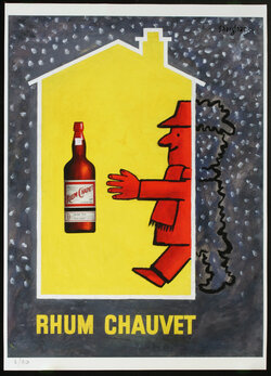 illustration of a man entering a house with bottle of run, and snow outside