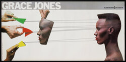 Grace Jones horizontal promo poster with a surreal image of a duplicate of her face being pulled away from her real face like a mask being removed.
