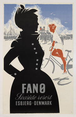 Danish travel poster with an old-fashioned woman's silhouette in the foreground, a modern cyclist in the middle ground, and ships in the background