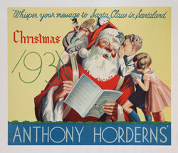 Poster with children whispering into Santa Claus' ear.