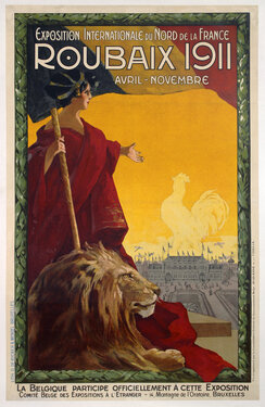 an allegorical female figure stands holding a Belgian flag with a lion at her feet. She gestures toward the city of Roubaix and a golden sunset with a rooster shaped in the clouds.