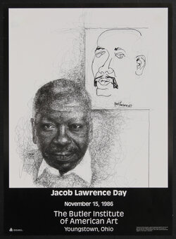 poster with an illustration of a Black man (Jacob Lawerence) and an abstract drawing behind him