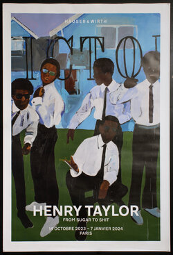 poster with a painting of five black boys in uniforms of white shirts and black ties posing on a green lawn