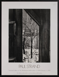 poster with black and white photograph of trees in the snow seen through the opening of a door