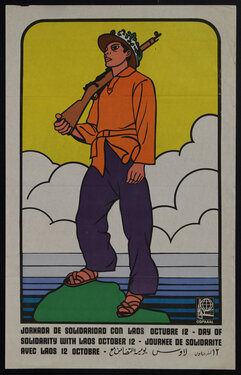 a poster with a drawing of a Laotian soldier holding a gun in front of clouds