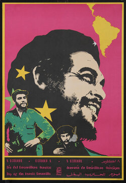 poster with Che Guevara in a beret in front of the South American continent.