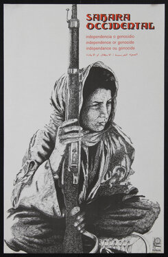 a black and white poster of a woman with a gun