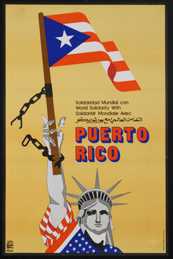 the statue of liberty holding a Puerto Rican flag with chains