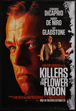 movie poster with the face of a man (Leonardo DiCaprio) and two other figures (Robert De Niro, Lily Gladstone)