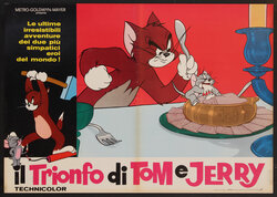 a poster of a cartoon cat and mouse at a table. the mouse is eating some cracker spread from a bowl and the cat is about to hit the mouse with a spoon.