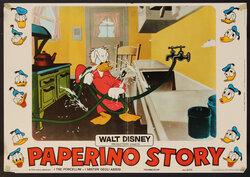 a poster of a cartoon duck struggling with a hose connected to a kitchen sink