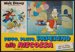a poster of cartoon characters running and Donald Duck holding balloons.