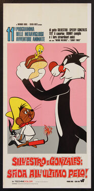 A poster of a cartoon cat eating a sandwich with a bird in it. A mouse in a sombrero is on the floor with a stick of dynamite.