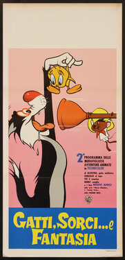 a poster of cartoon cat holding up a bird to devour but a mouse attempts to thwart him by holding a toilet plunger to the cat's open mouth.