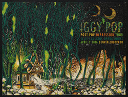 concert poster with a creepy house in a forest of leafless green trees and swirling lights. two crescent moons are in the sky
