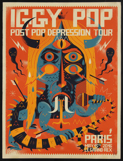 concert poster with an abstract illustration of a lizard-like monster resembling Iggy Pop