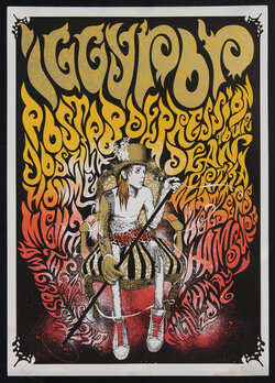 concert poster with man (Iggy Pop) sitting on chair with a microphone wearing a top hat with psychedelic lettering surrounding hime