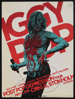 concert poster with man (Iggy Pop) looking like a zombie with a microphone and covered in blood