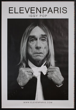poster with a black and white photographic portrait of Iggy Pop in a bow tie