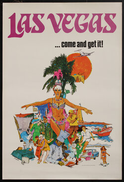 a poster illustration with a Las Vegas showgirl and various cultural vignettes of people having fun in a warm weather vacation