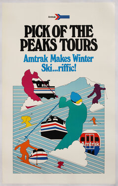 a poster with abstract illustration of skiers and trains