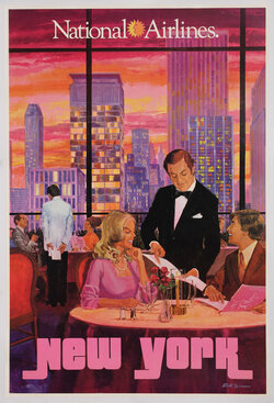 airlines poster with an illustration of a man and woman being waited on in a restaurant with view of a city skyline