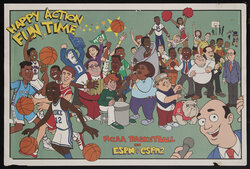cartoon characters playing and watching basketball