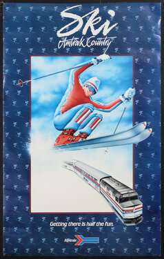 a poster with and illustration of a skiers and a train