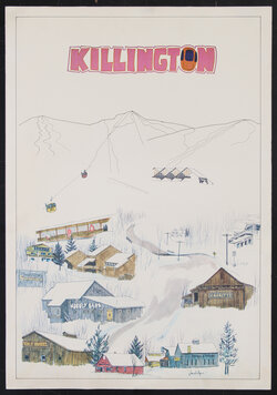 illustration of a town with snow topped mountains in the background