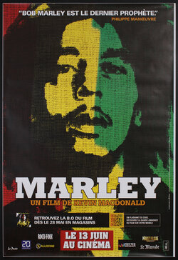 a poster with a portrait of Bob Marley with the colors of red, yellow and green