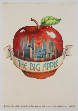 a poster of an apple with a New York City skyline illustrated in it and a banner with 