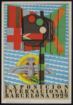 a abstract poster of street lights, flags and a dove