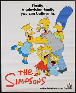 poster with a cartoon family: the father is strangling the son, the mother with big blue hair clutches her pearls, the two young daughters make faces