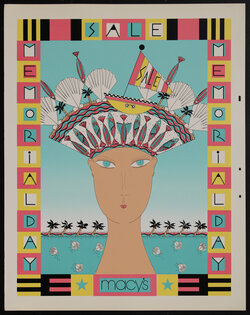 poster with a drawing of a woman with an elaborate headdress made of shells and fish