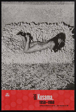 poster a nude woman lying on her stomach on a giant nubbly rug with polka dots at top and foam bits at bottom