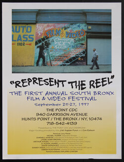 poster with a man walking by a film festival mural painted on a brick wall