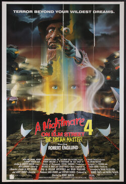 horror movie poster with hands clawing the face of a monster man and a pair of blue eyes looking through a rainbow colored ether that is wafting from a crack in the earth with car head-lights glowing on the sides