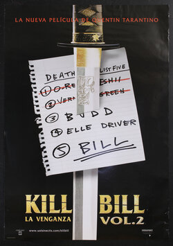 a movie poster with a sword and notepad
