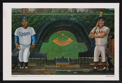 a poster baseball players and an arial view of a baseball field