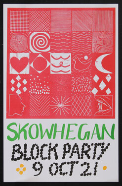 poster with a grid of woodblock printed symbols like a heart, moon, dove waves... and others.