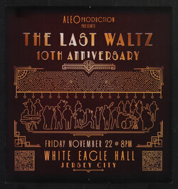 poster with silhouettes of figures playing instruments on stage