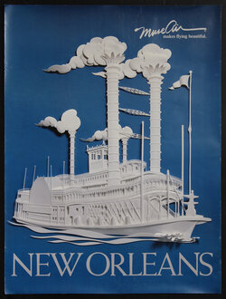 a poster with a statue of a steam boat