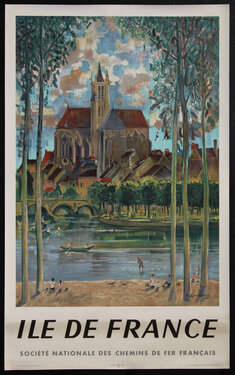 a poster of a church by a river, and people engaging in recreational activities by the banks