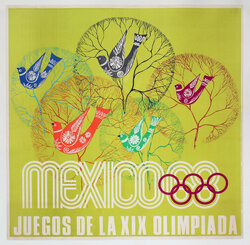 a colorful poster with colorful doves