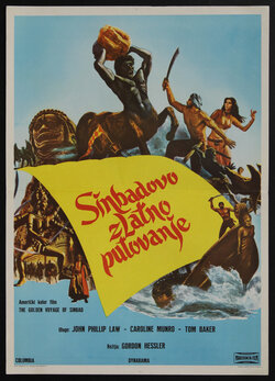 movie poster with a cyclops centaur raising a boulder at a man with a sword and other battle scenes 